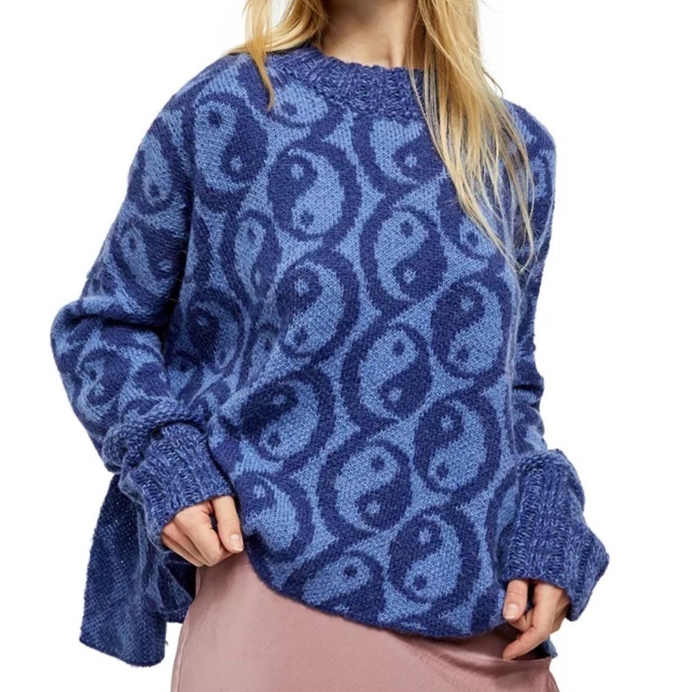 Free People Yin Yang Oversized Wool Alpaca Blend Sweater Blue Small